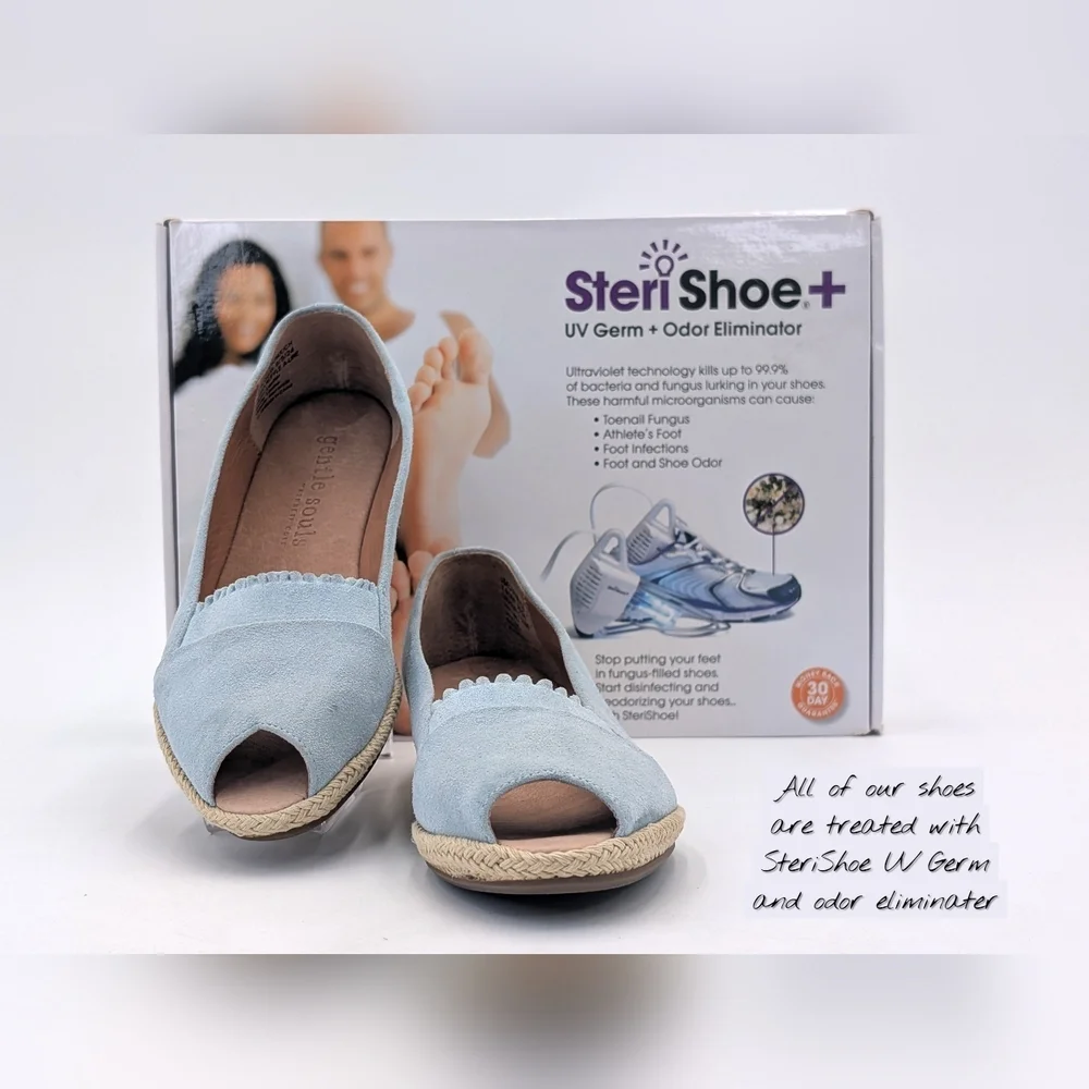 Gentle Souls Lissa Ruffle Sz 7.5 Light Blue Suede Peep-Toe Espadrille Wedges
